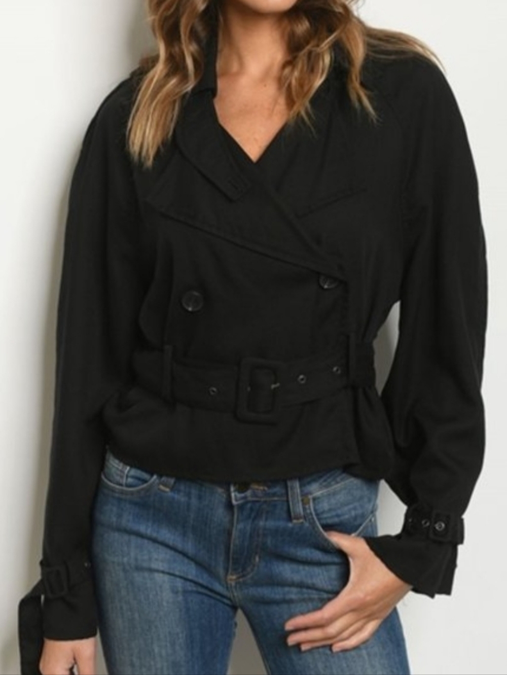 Hashtagg In Trend Black Cropped Double Breasted Belted Trench Jacket NWT Small